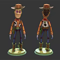 Woody Cowboy Toy Figure Front Back View Brown Hat Vest Blue Pants On Yellow Base